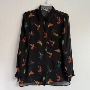 NAF NAF VTG Shirt Blouse Womens Size 38 Black Sheer Hummingbird Paris 80s